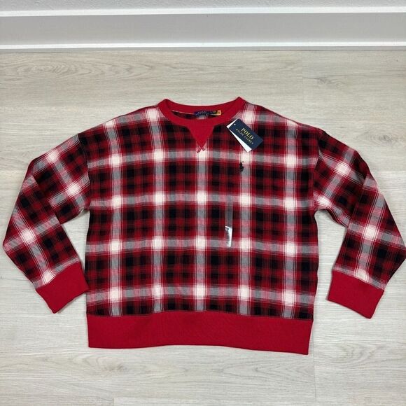 Polo Ralph Lauren Plaid Crewneck Sweatshirt Womens Large Red Black 211853484001 - Picture 1 of 3